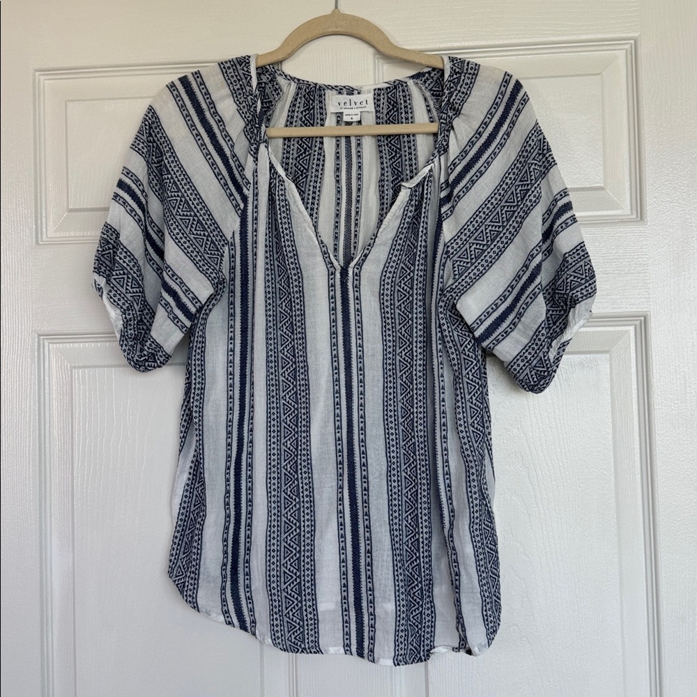 Velvet Navy and White Patterned Top